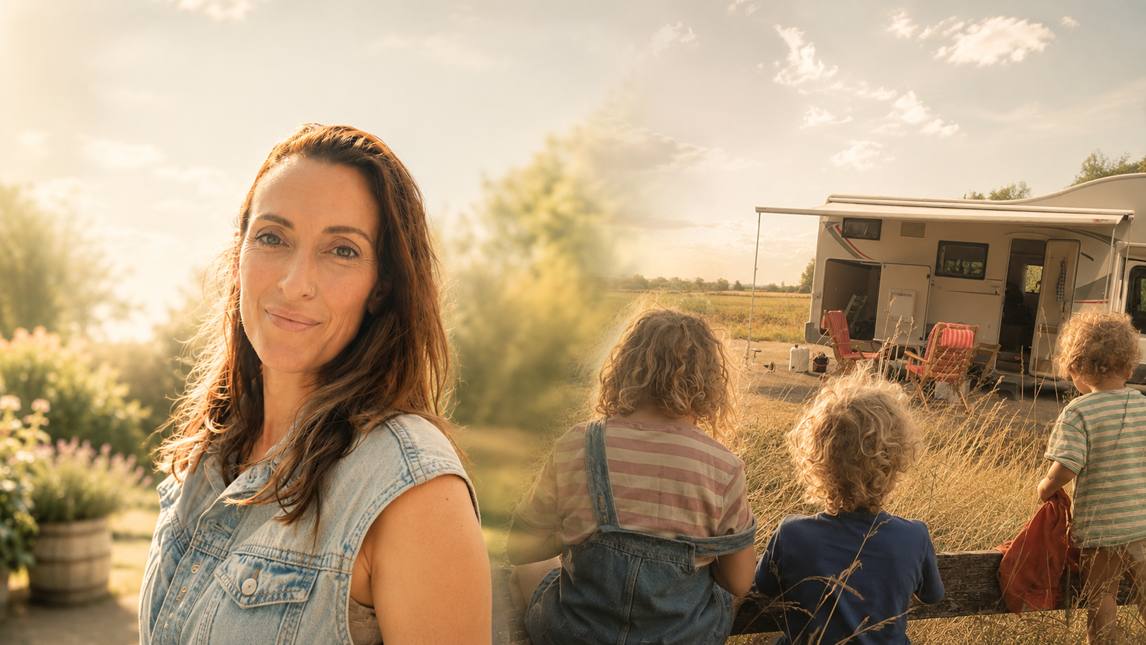 Karlien met haar drie kinderen bij de camper